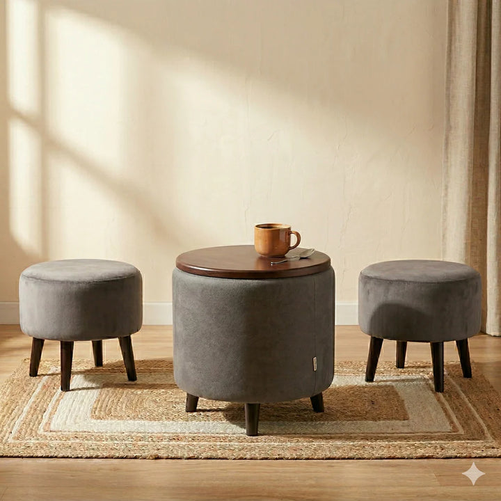 Monochrome Corner Set — grey storage ottoman with two tuffets