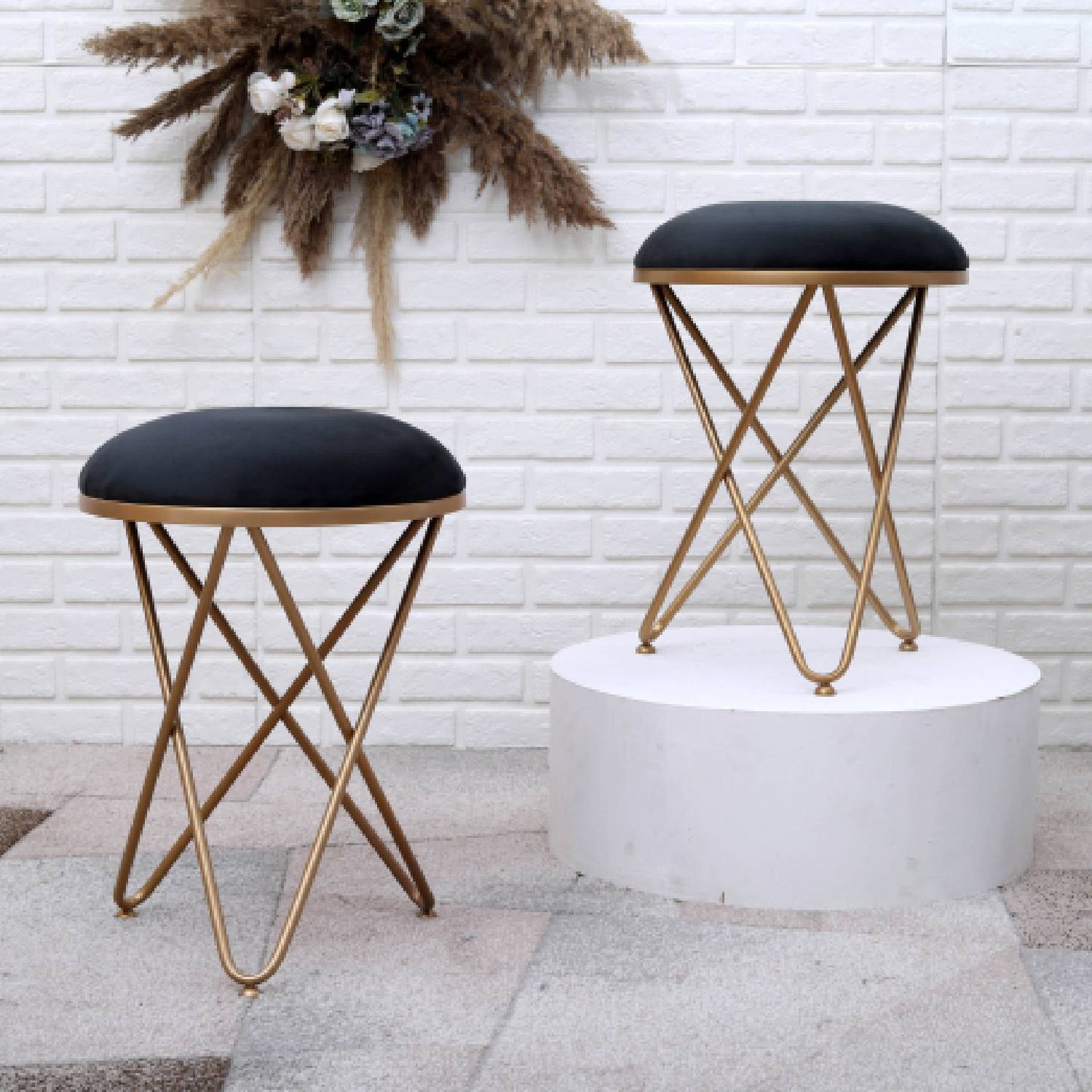 Ultra-modern Cross Leg Golden Metal Stool in Black Cushion Set of 2