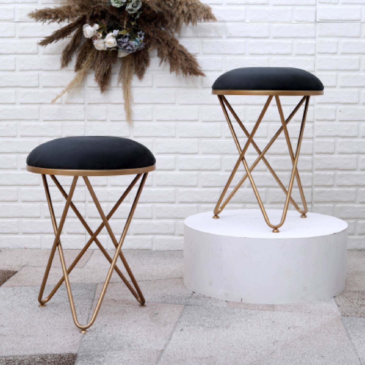 Ultra-modern Cross Leg Golden Metal Stool in Black Cushion Set of 2