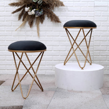 Ultra-modern Cross Leg Golden Metal Stool in Black Cushion Set of 2