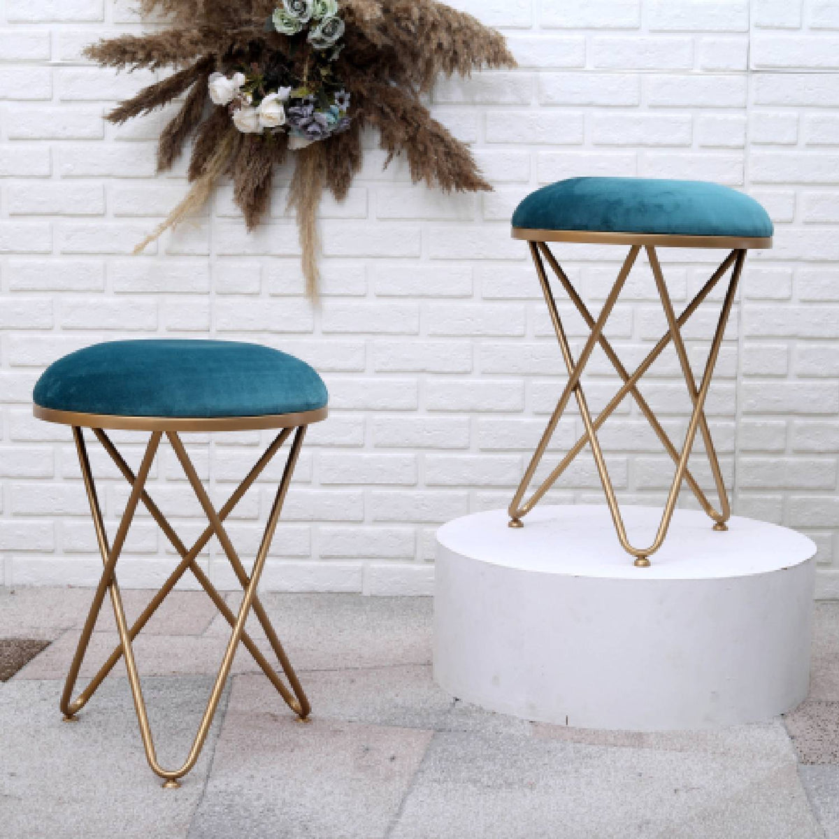 Ultra-modern Cross Leg Golden Metal Stool in Teal Blue Cushion Set of 2