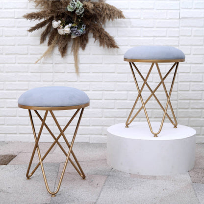 Ultra-modern Cross Leg Golden Metal Stool in Grey Cushion Set of 2