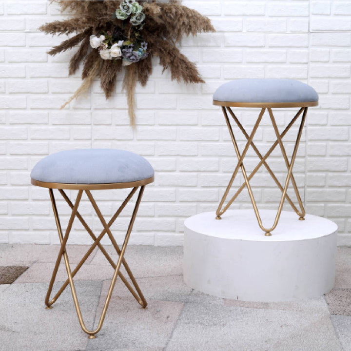 Ultra-modern Cross Leg Golden Metal Stool in Grey Cushion Set of 2