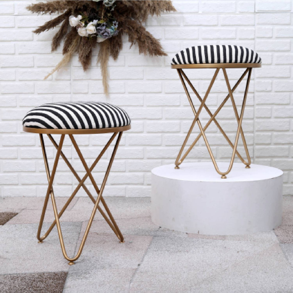 Ultra-modern Cross Leg Golden Metal Stool in Black &amp; White Stripe Set of 2