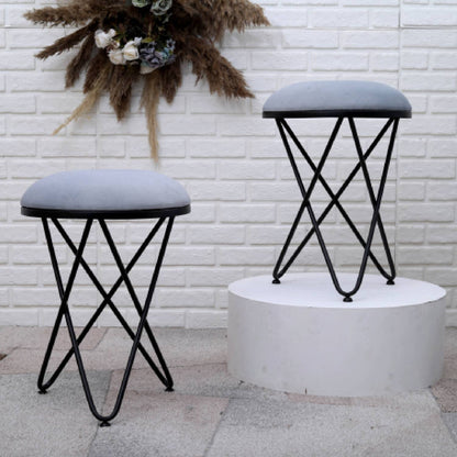 Ultra-modern Cross Leg Matt Black Metal Stool in Grey Cushion Set of 2