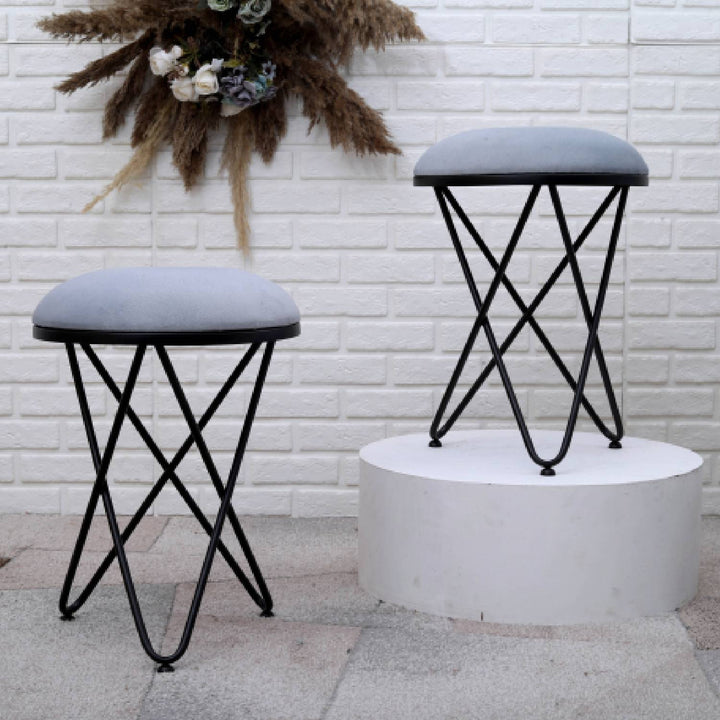 Ultra-modern Cross Leg Matt Black Metal Stool in Grey Cushion Set of 2