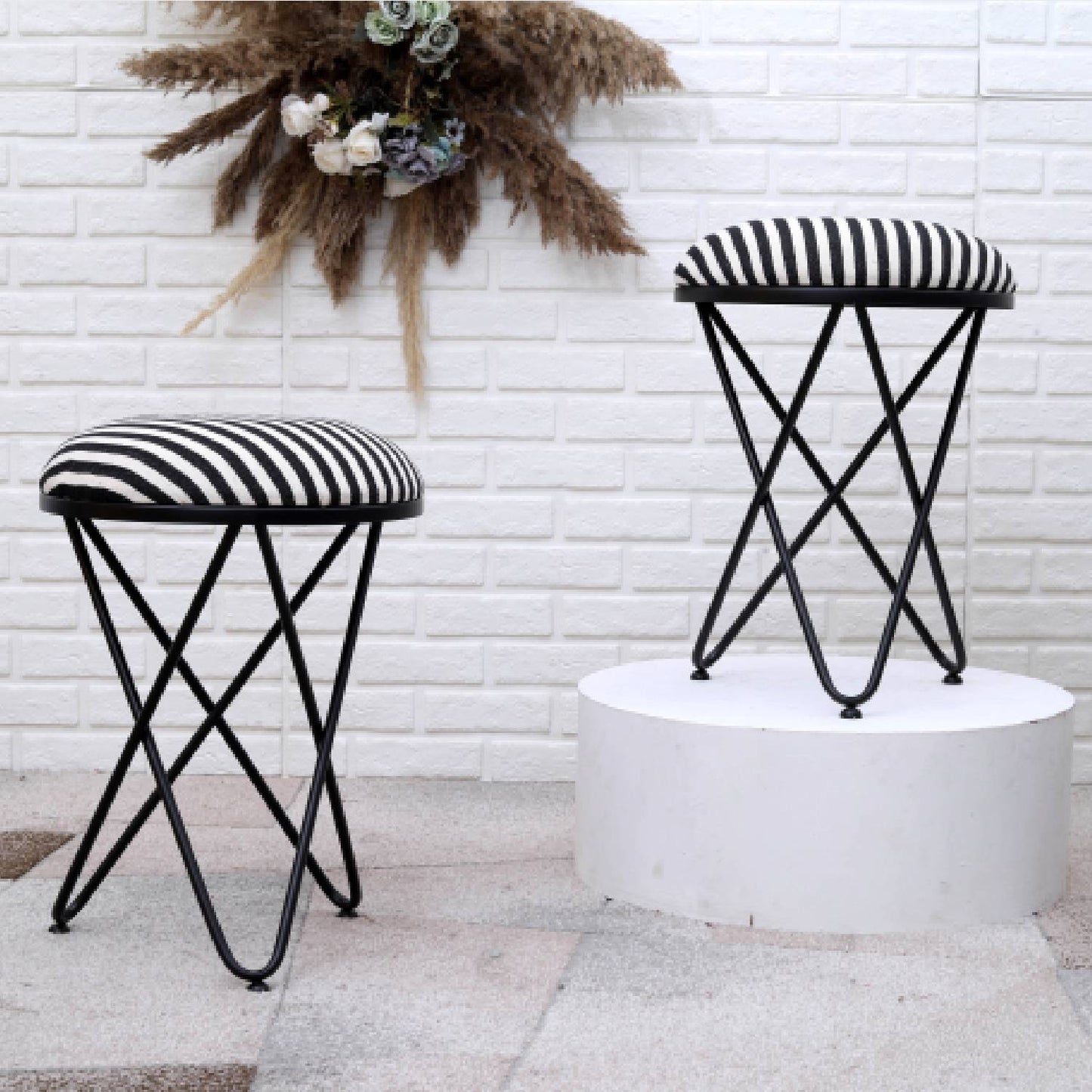 Ultra-modern Cross Leg Matt Black Metal Stool in Black &amp; White Stripe Set of 2