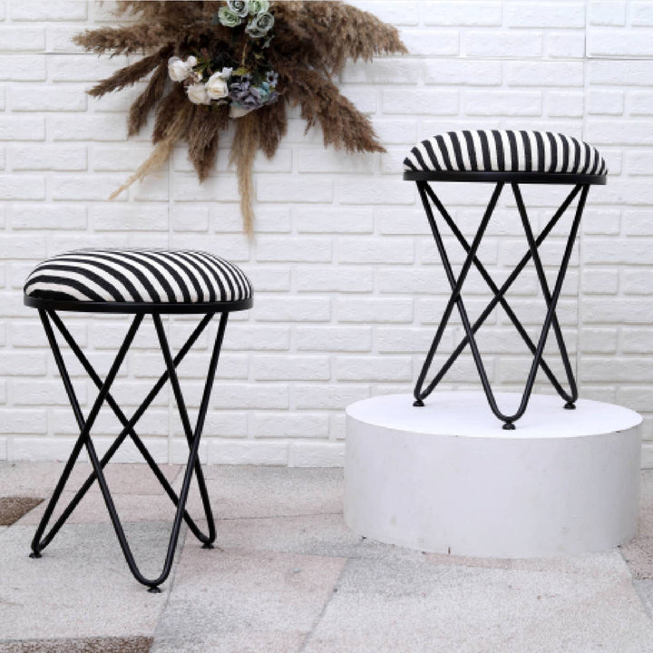 Ultra-modern Cross Leg Matt Black Metal Stool in Black &amp; White Stripe Set of 2
