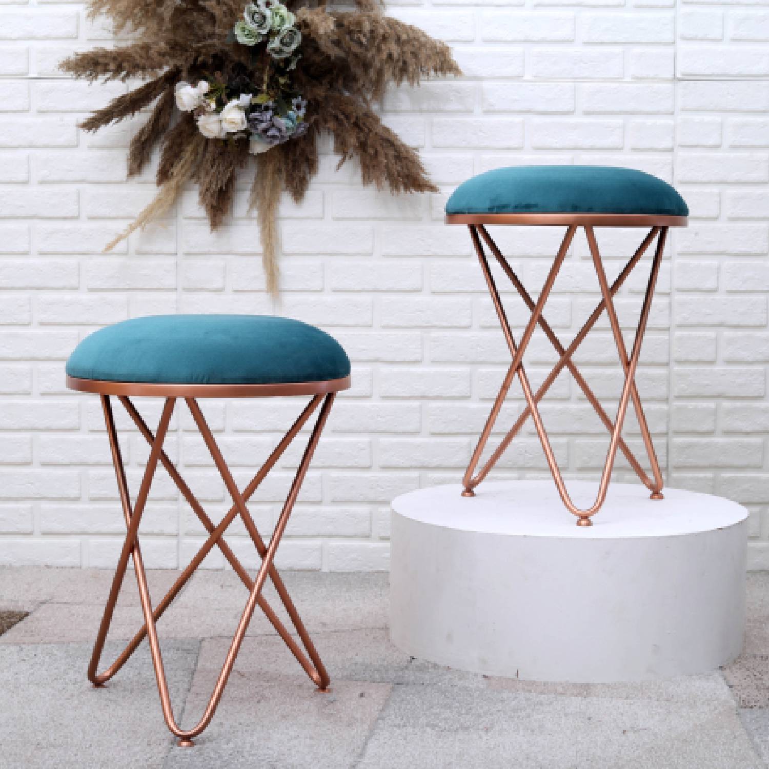 Ultra-modern Cross Leg Rose Gold Metal Stool in Teal Blue Cushion Set of 2