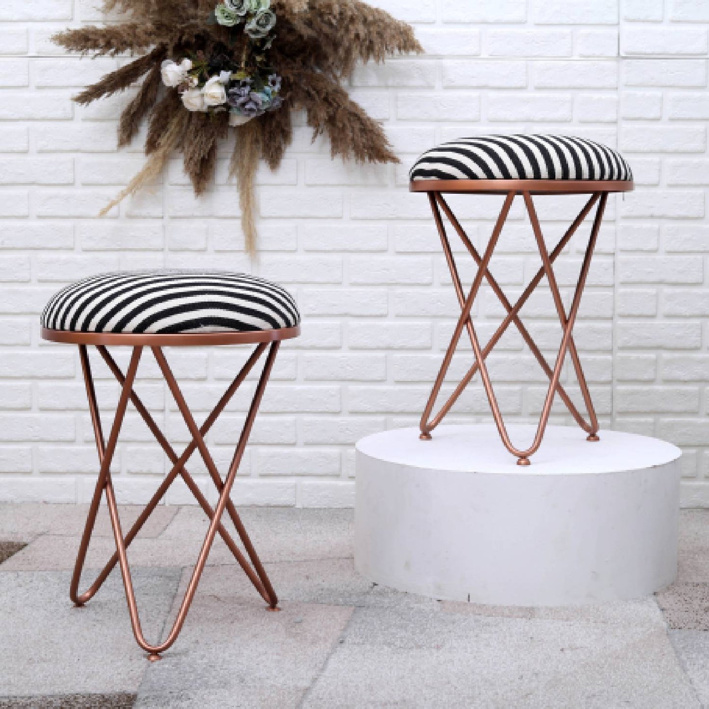 Ultra-modern Cross Leg Rose Gold Metal Stool in Black &amp; White Set of 2