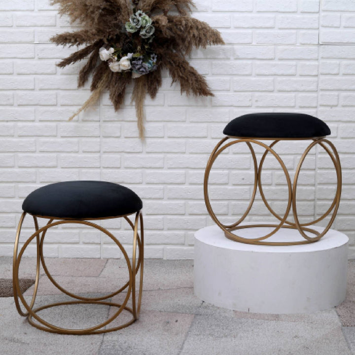 Modern Hexa-Style Golden Metal Stool in Black Cushion