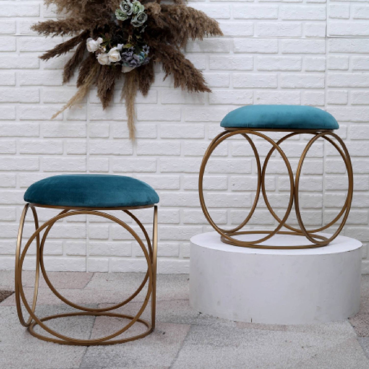 Modern Hexa-Style Golden Metal Stool in Teal Blue Cushion Set of 2