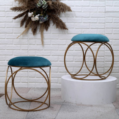 Modern Hexa-Style Golden Metal Stool in Teal Blue Cushion Set of 2