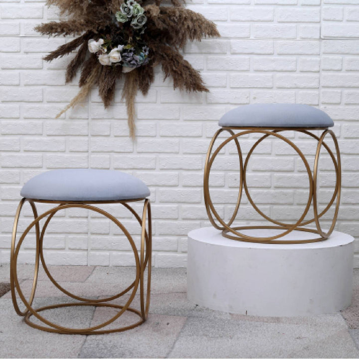 Modern Hexa-Style Golden Metal Stool in Grey Cushion Set of 2