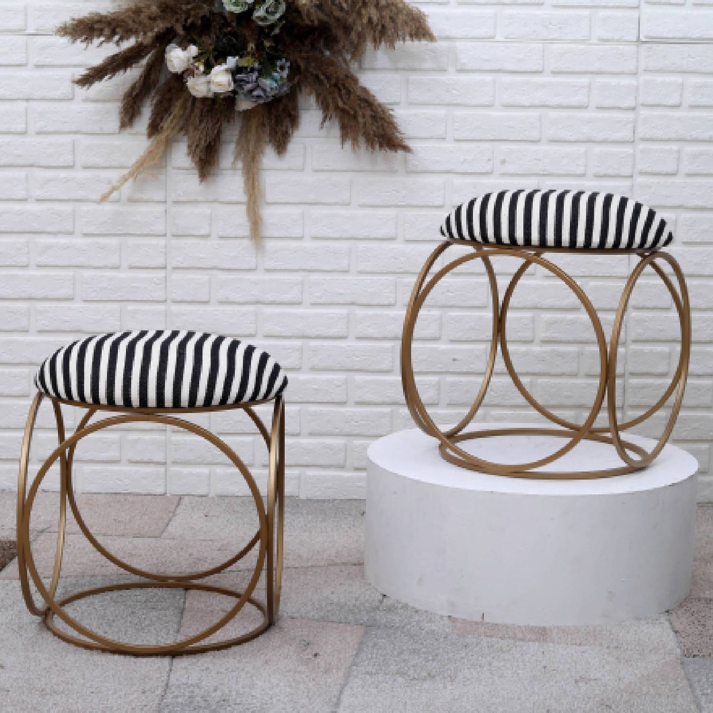Modern Hexa-Style Golden Metal Stool in Black &amp; White Stripe Set of 2
