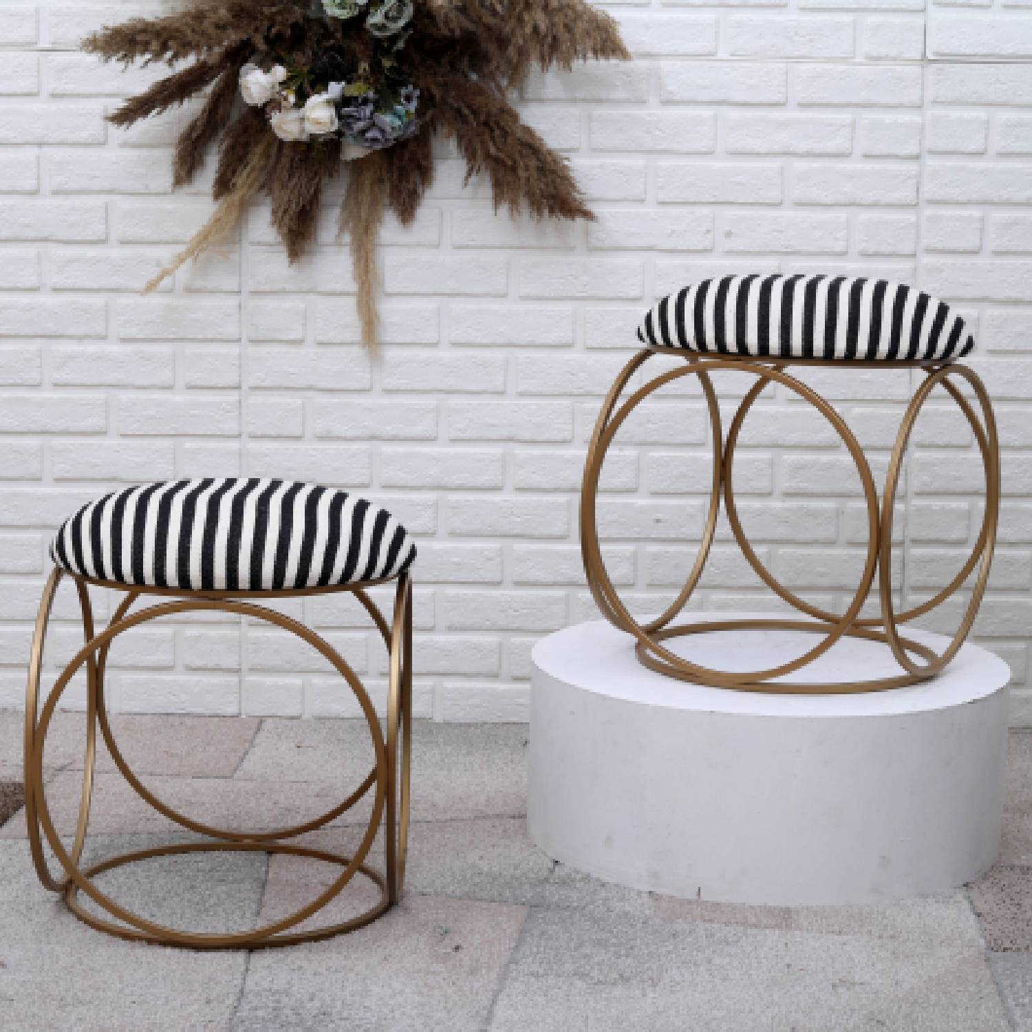 Modern Hexa-Style Golden Metal Stool in Black &amp; White Stripe Set of 2