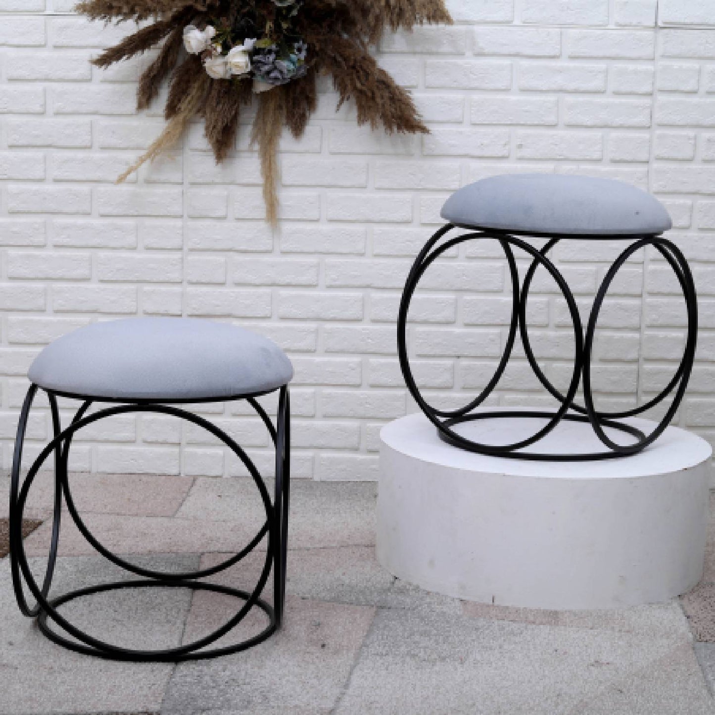 Modern Hexa-Style Matt Black Metal Stool in Grey Cushion Set of 2