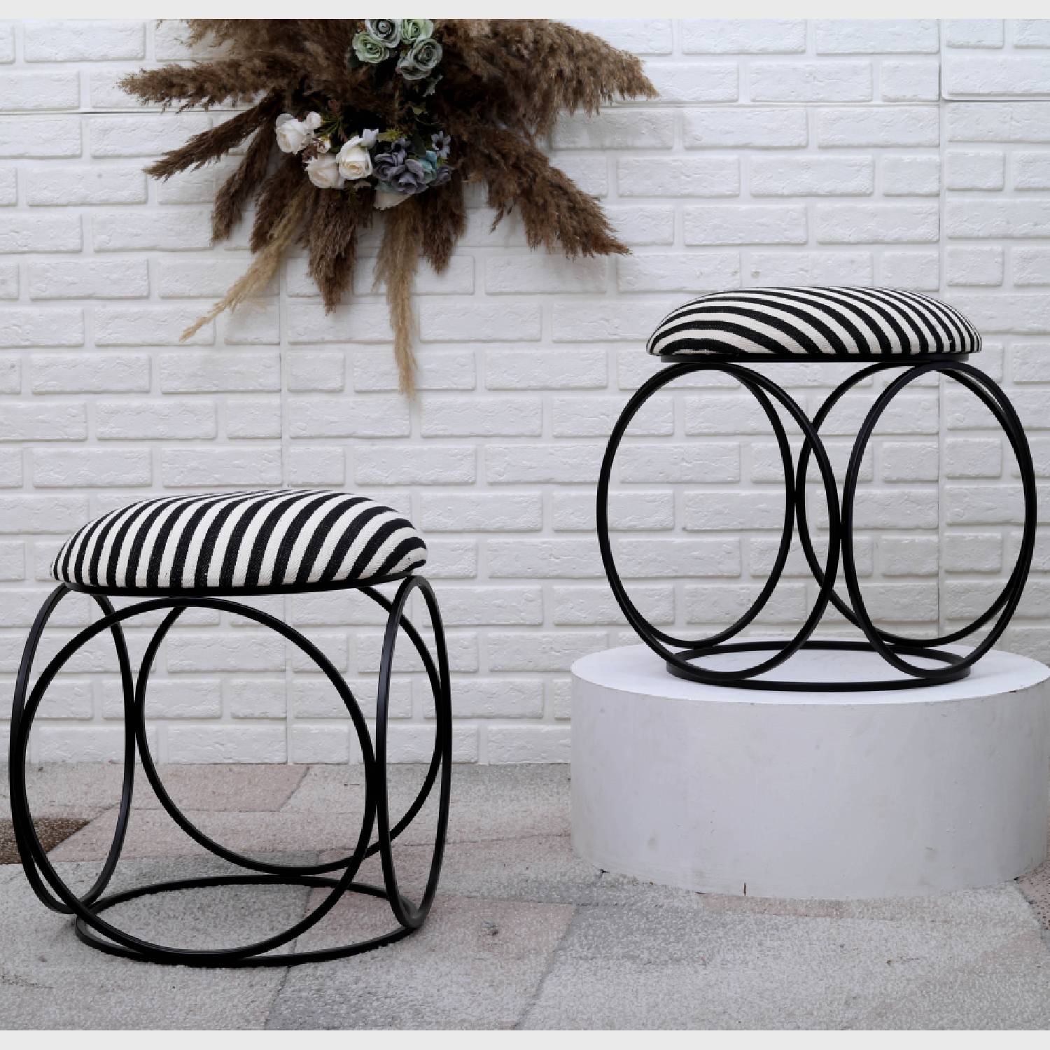 Modern Hexa-Style Matt Black Metal Stool in Black &amp; White Stripe Set of 2