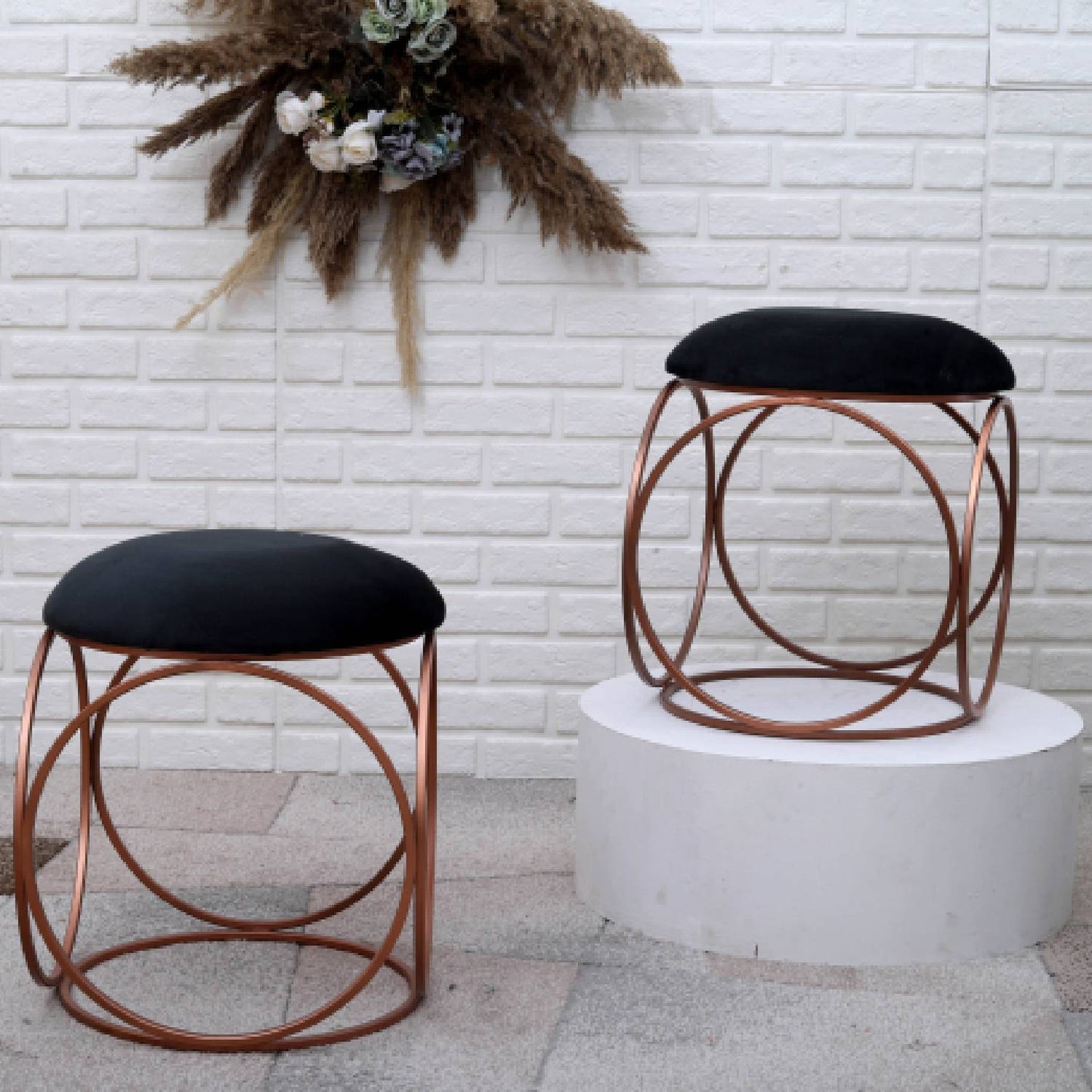 Modern Hexa-Style Rose Gold Metal Stool in Black Cushion Set of 2