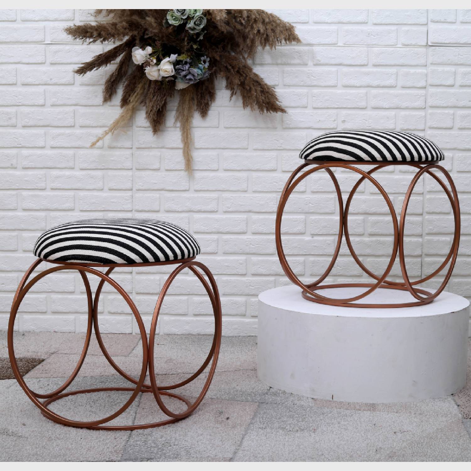 Modern Hexa-Style Rose Gold Metal Stool in Black &amp; White Stripe Set of 2