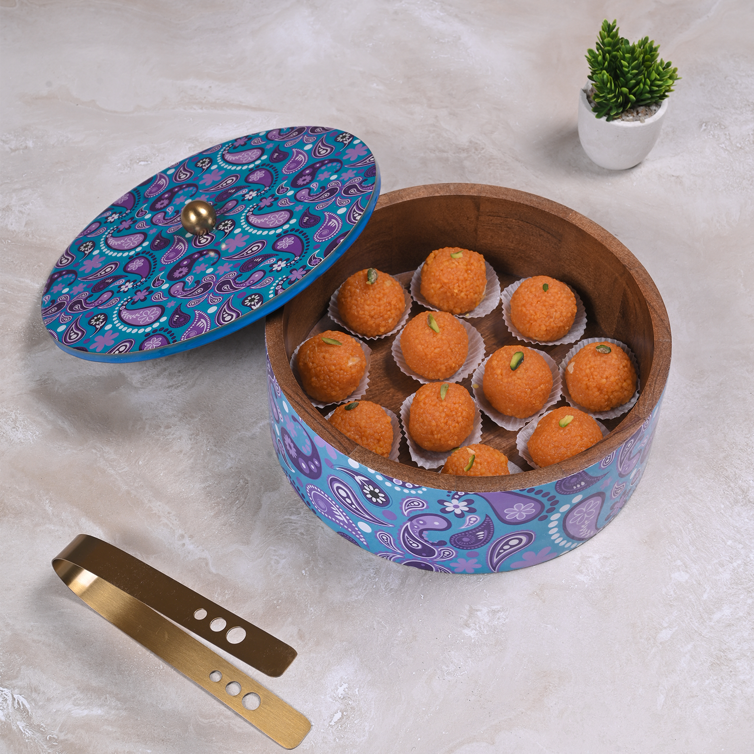 Greetwood Purple Printed Wooden Chapati Box for Kitchen
