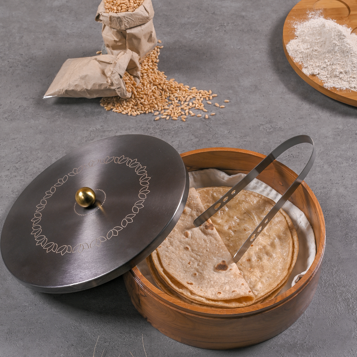 Greetwood GunMetal Lotus Wooden Chapati Box for Kitchen