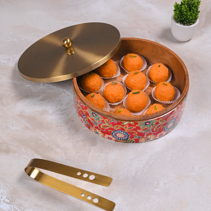 Greetwood Brass Lid Wooden Chapati Box for Kitchen in Red Print