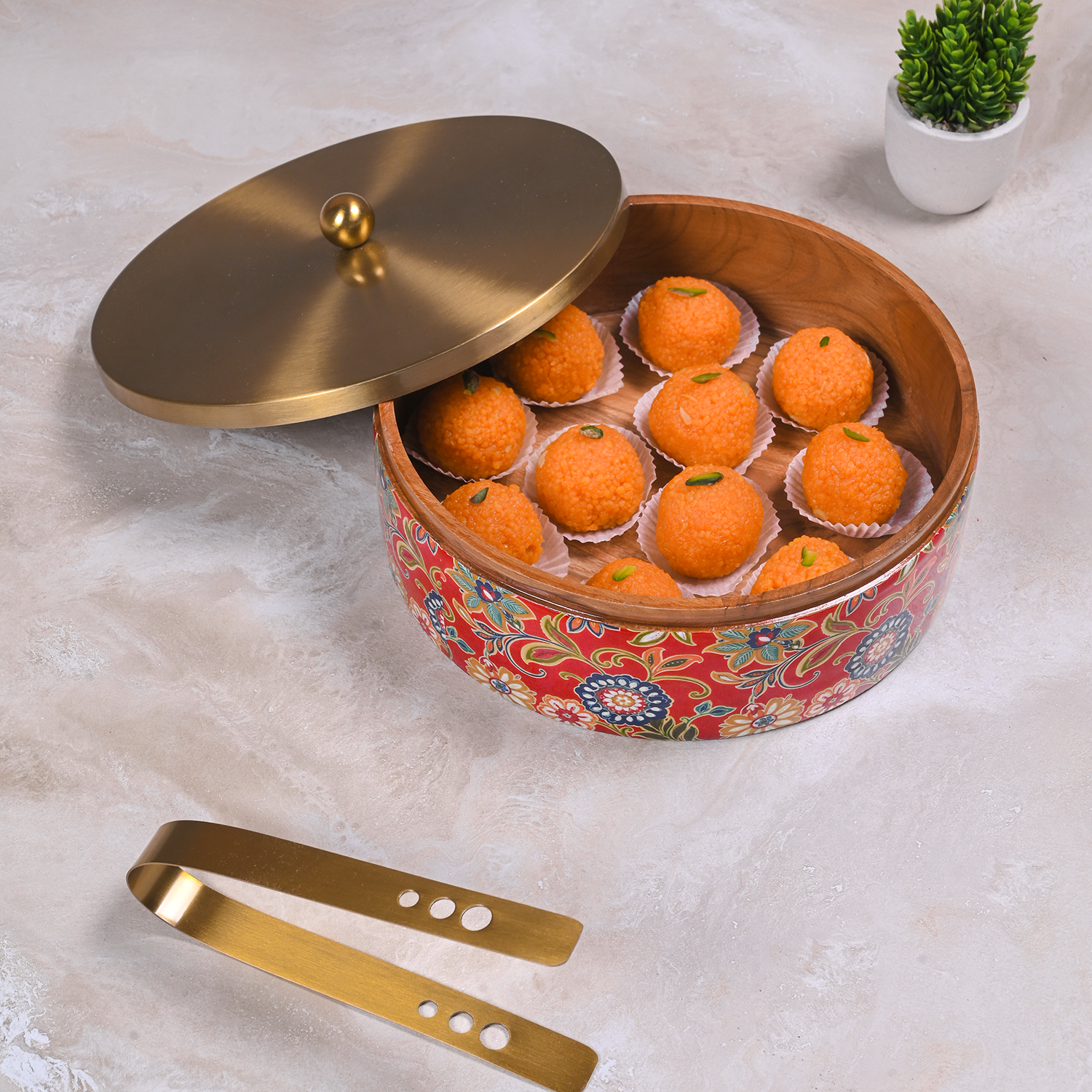 Greetwood Brass Lid Wooden Chapati Box for Kitchen in Red Print