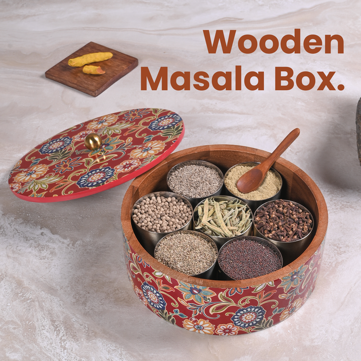 Greetwood Red Printed Wooden Masala Box for Kitchen