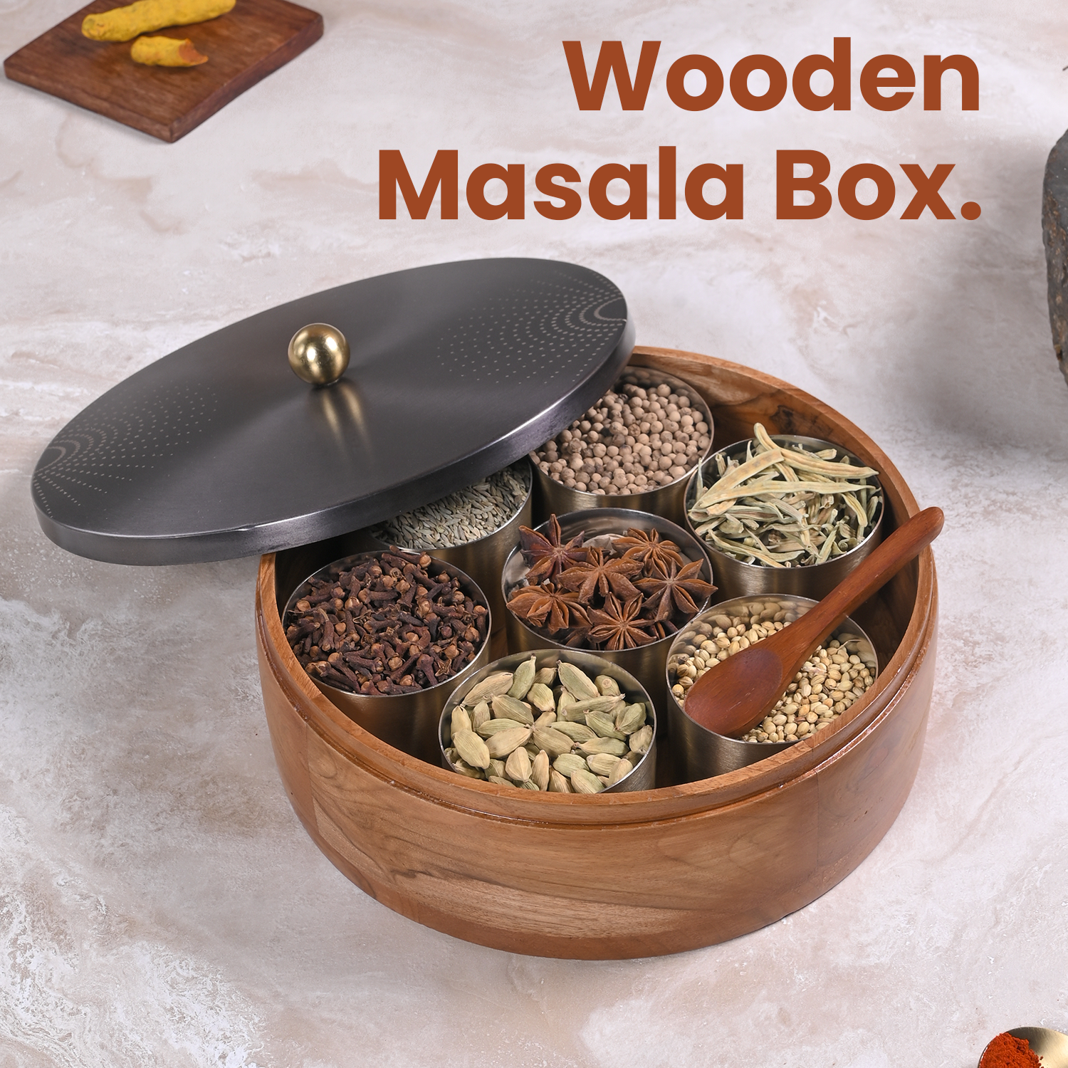 Greetwood GunMetal SunRays Wooden Masala Box for Kitchen