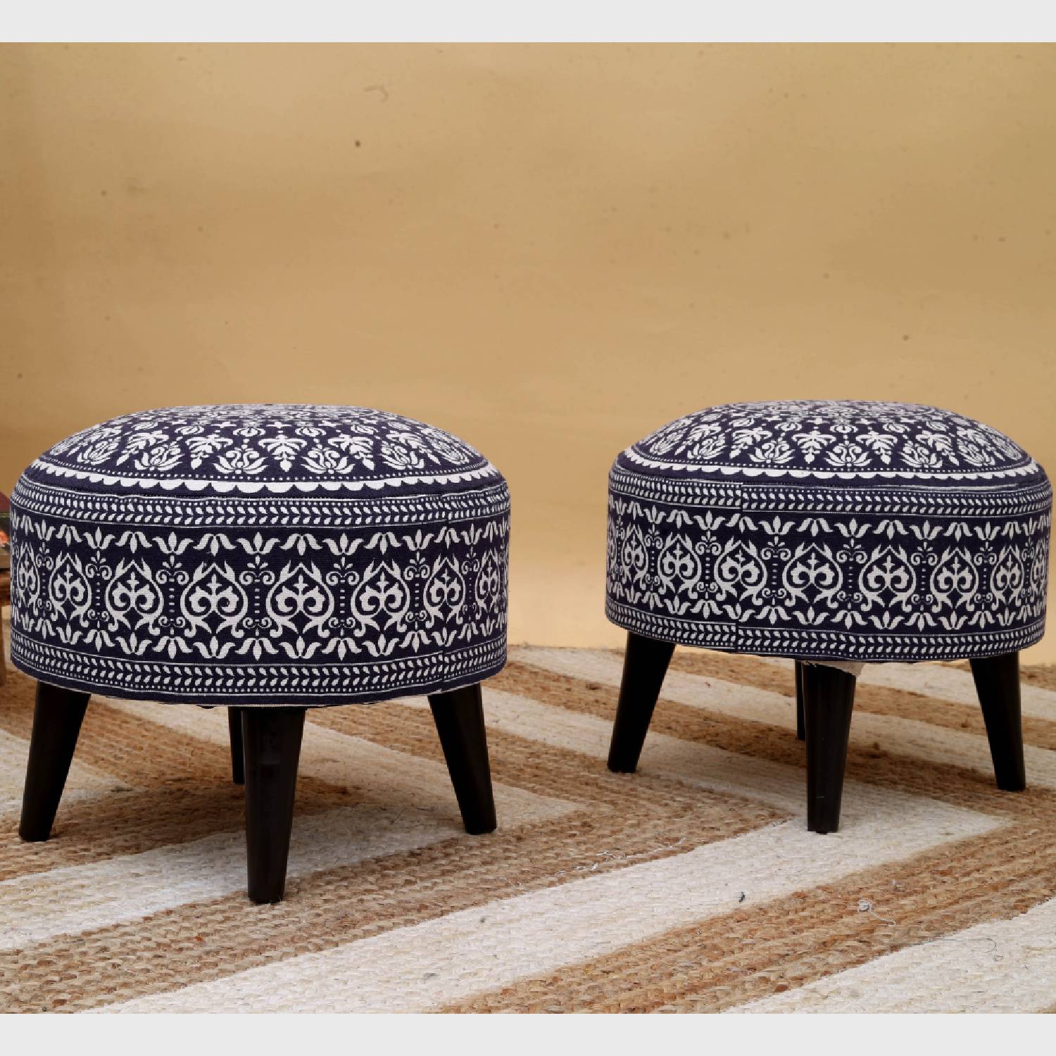 Contemporary Mandala Wooden Tuffet in Blue Color Set of 2
