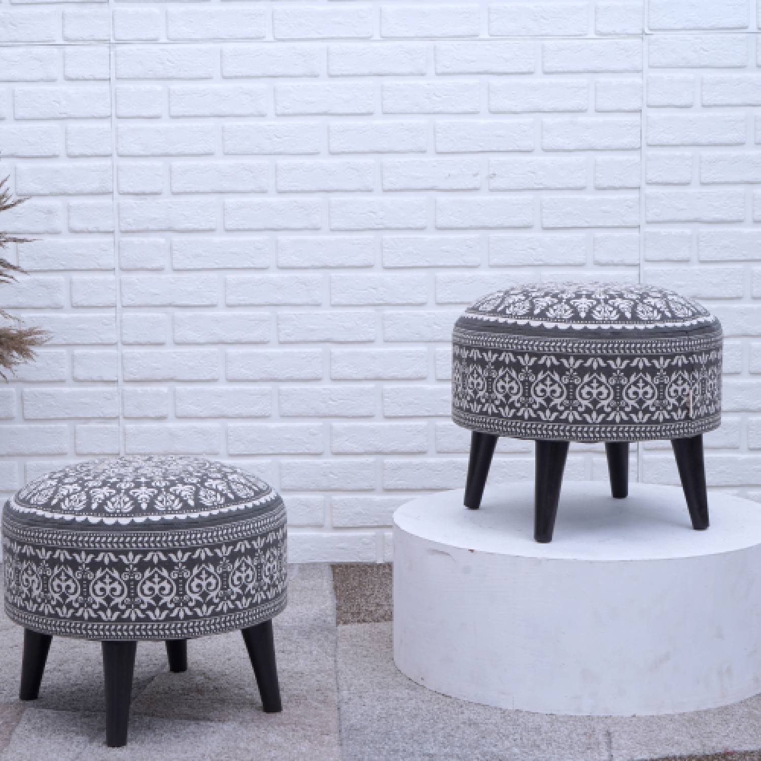 Contemporary Mandala Wooden Tuffet in Grey Color Set of 2