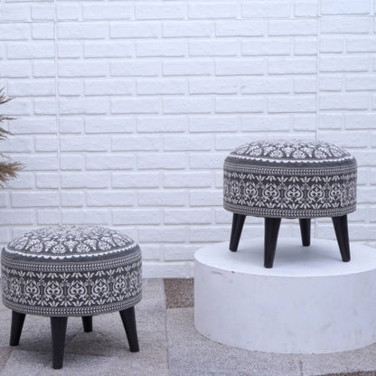 Contemporary Mandala Wooden Tuffet in Grey Color Set of 2
