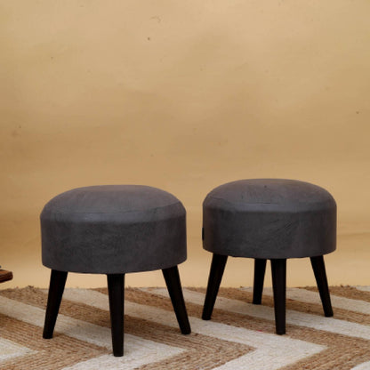 Contemporary Leather Wooden Tuffet in Grey Color Set of 2