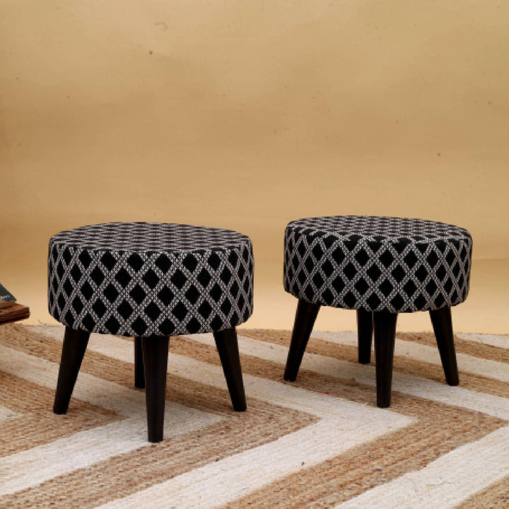 Contemporary Tetrad Jacquard Wooden Tuffet in Black Color