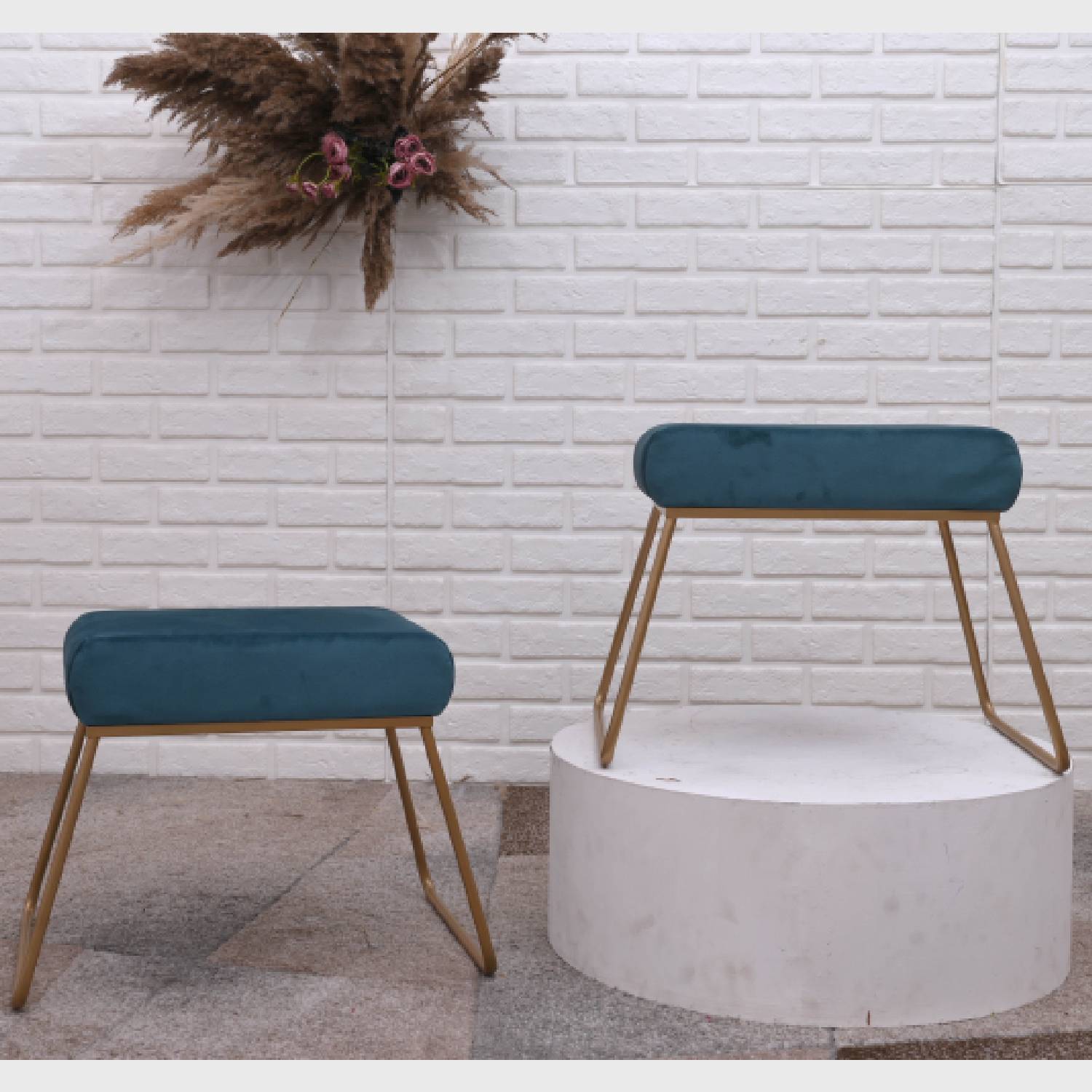 Classy and Compact Rose Gold Metal Stool in Teal Blue Cushion Set of 2