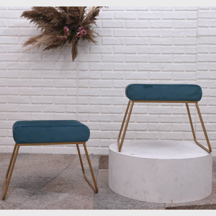 Classy and Compact Rose Gold Metal Stool in Teal Blue Cushion Set of 2