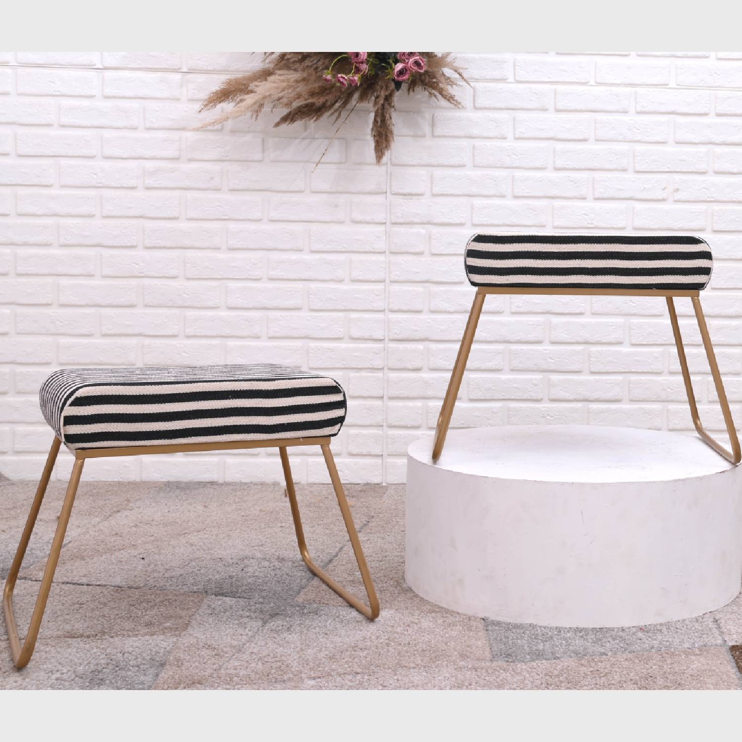 Classy and Compact Golden Metal Stool in Black &amp; White Stripe Set of 2
