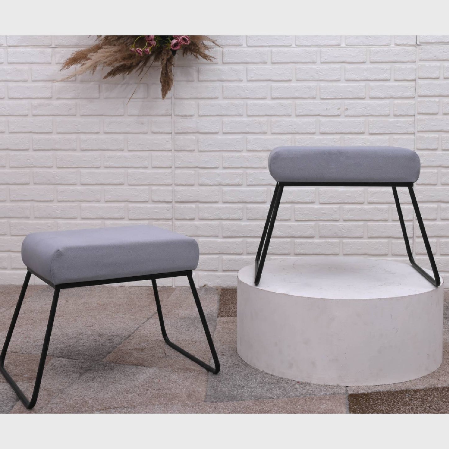 Classy and Compact Matt Black Metal Stool in Grey Cushion Set of 2