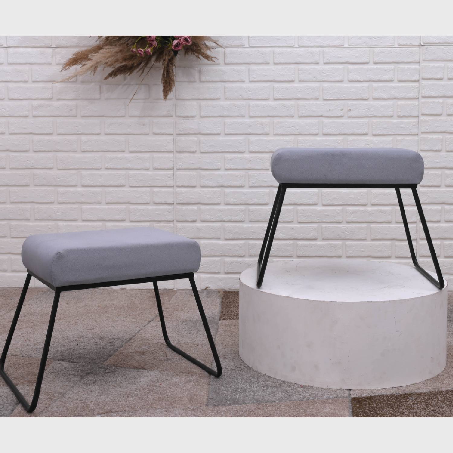Classy and Compact Matt Black Metal Stool in Grey Cushion Set of 2