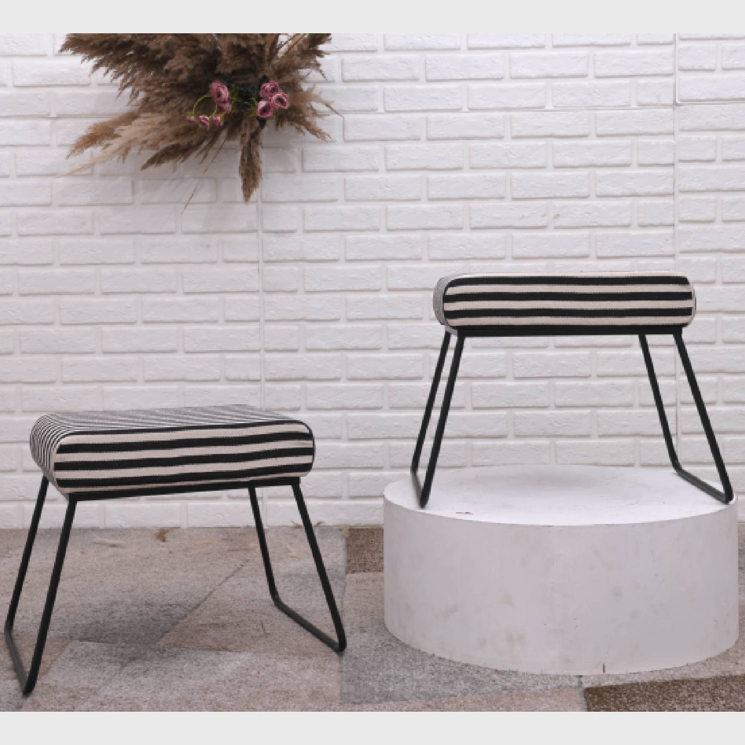 Classy and Compact Matt Black Metal Stool in Black & White Stripe Set of 2