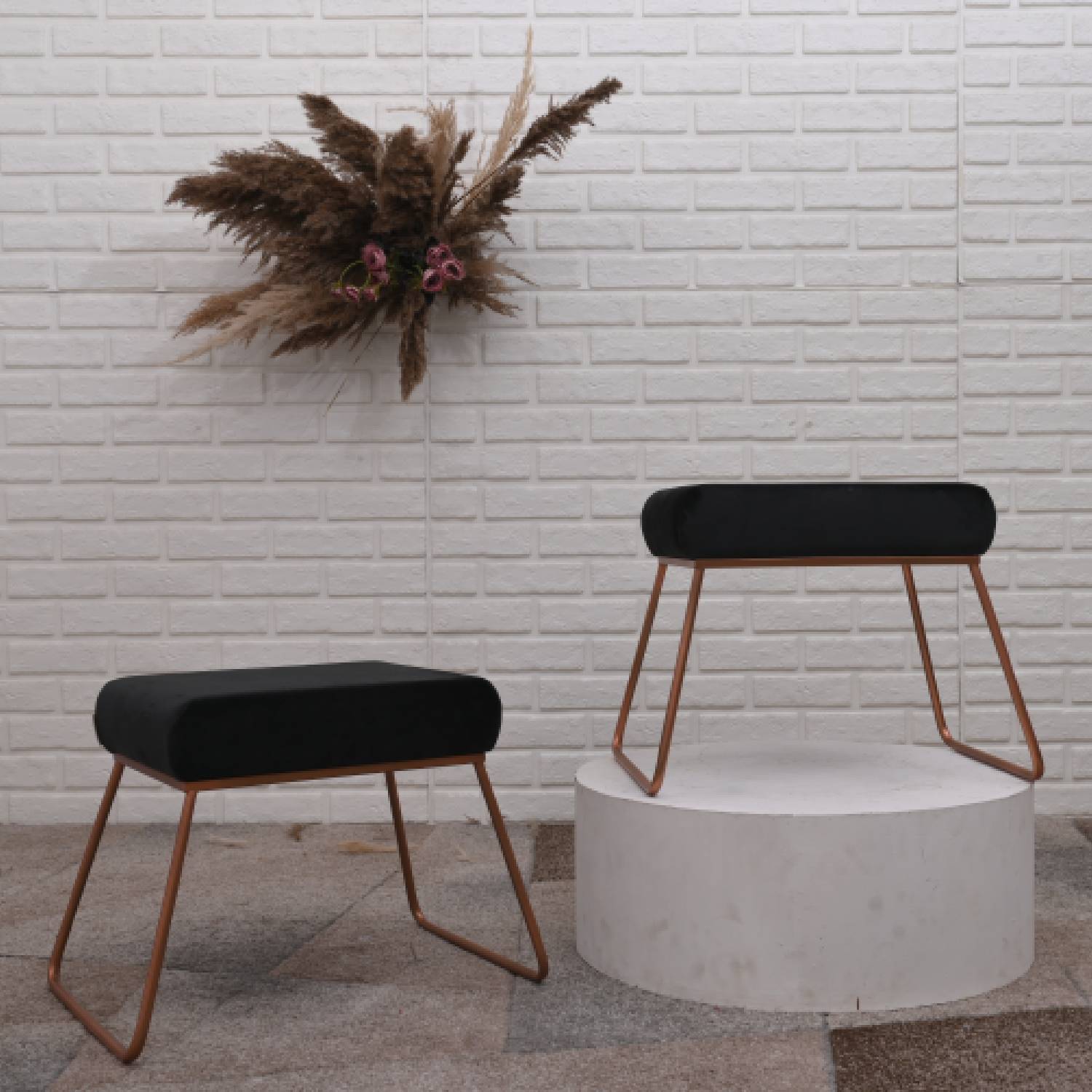 Classy and Compact Rose Gold Metal Stool in Black Cushion Set of 2