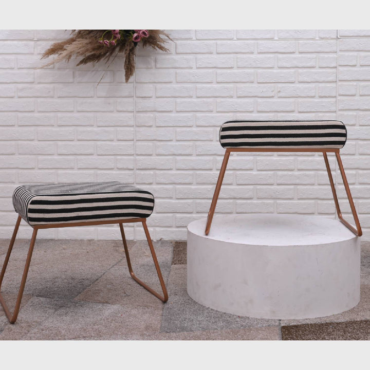 Classy and Compact Rose Gold Metal Stool in Black &amp; White Stripe Set of 2