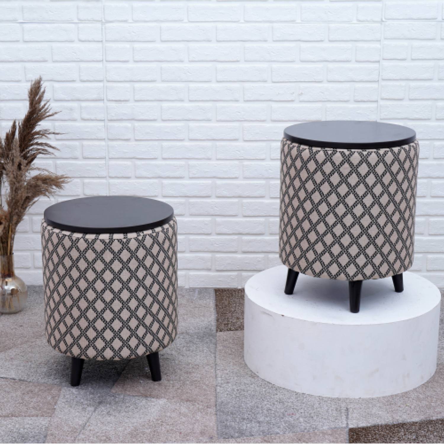 Universal Tetrad Jacquard Storage Ottoman in Beige Color Set of 2
