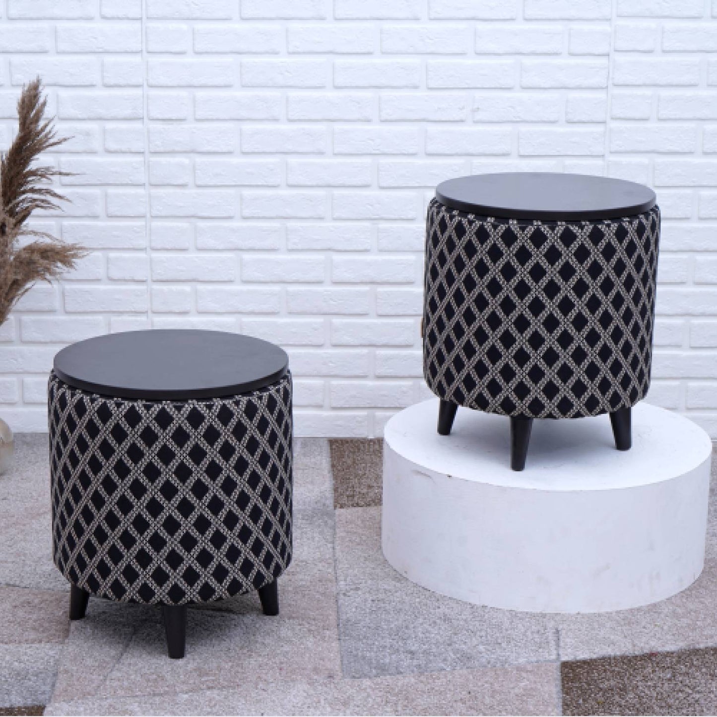 Multifunctional Tetrad Jacquard Wooden Footstool in Black Color Set of 2