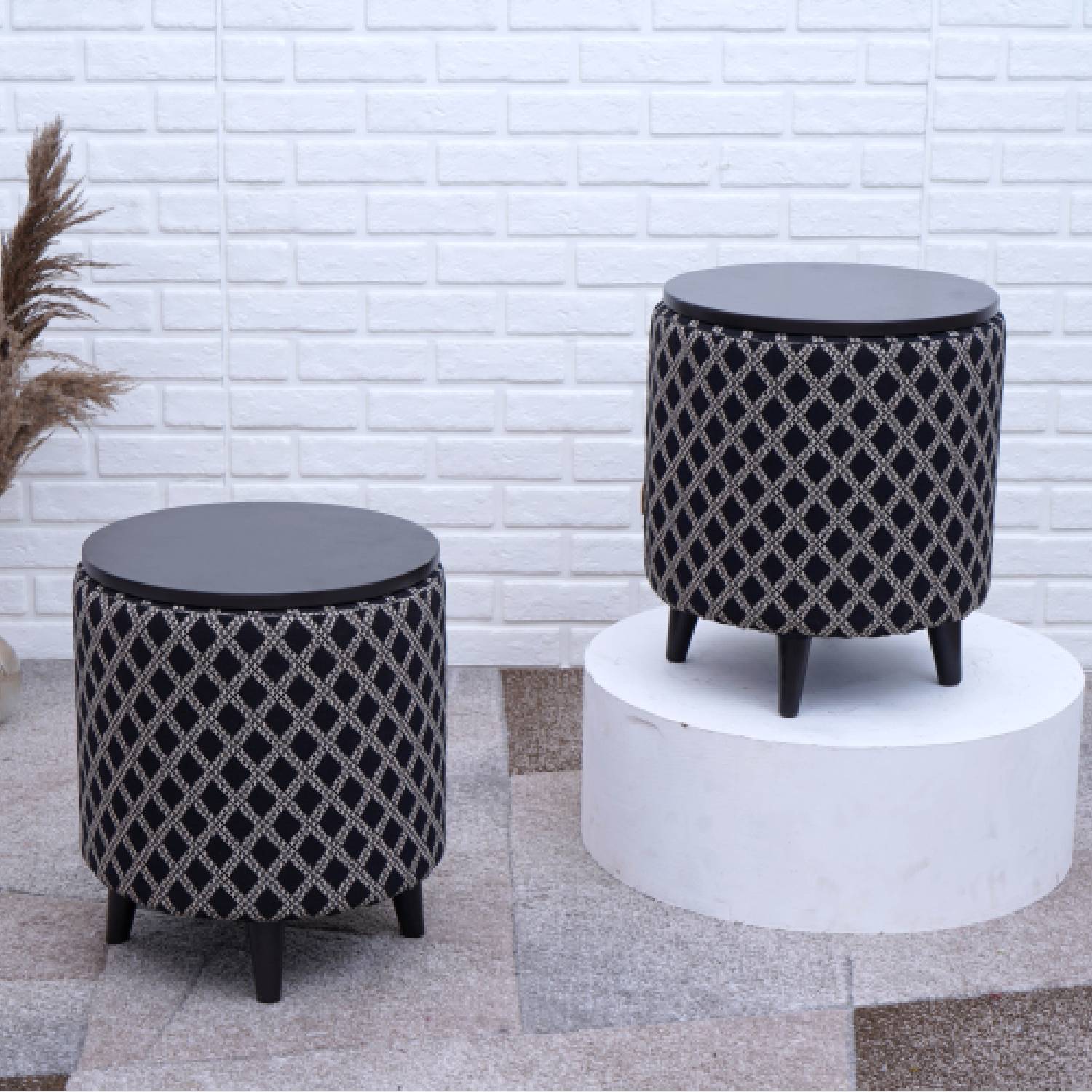 Multifunctional Tetrad Jacquard Wooden Footstool in Black Color Set of 2