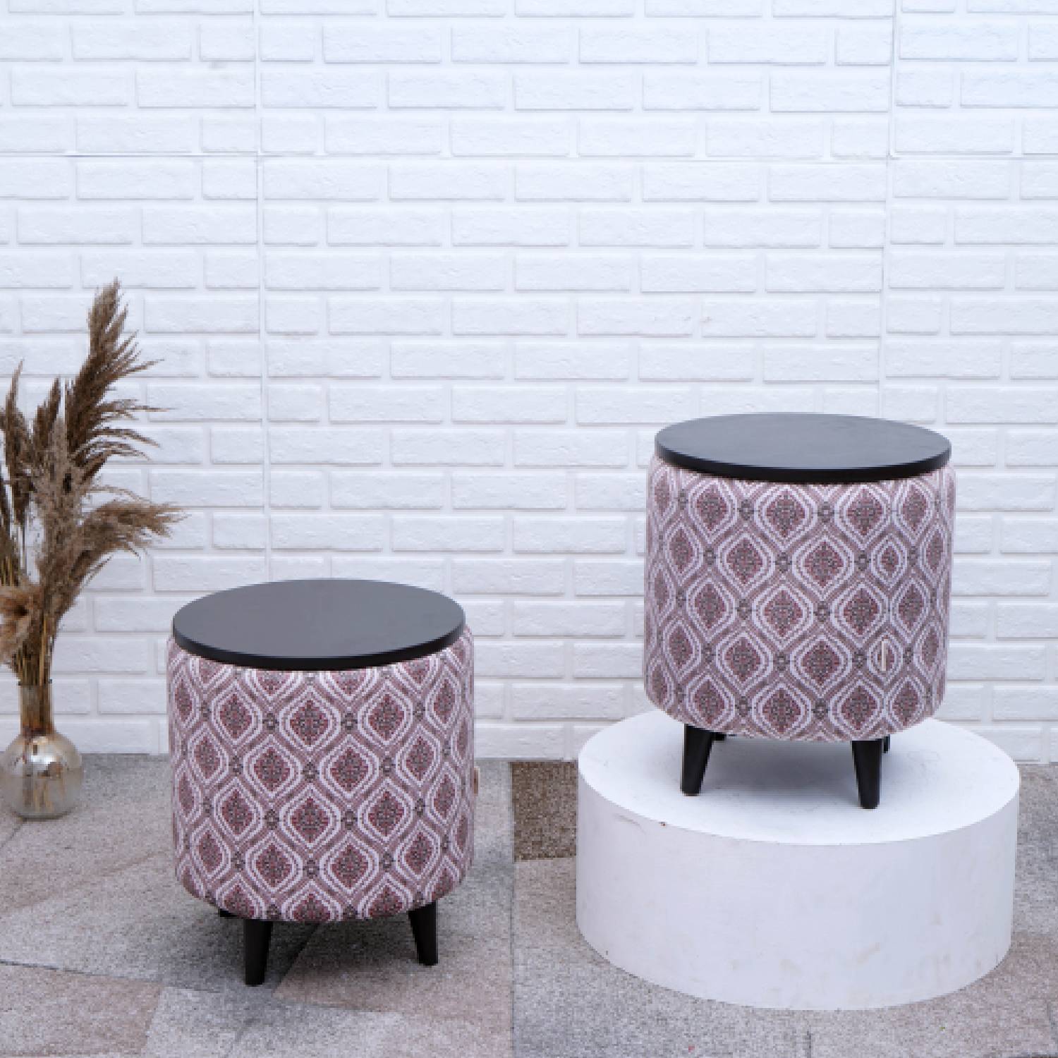 Universal Printed Storage Ottoman in Maroon and Green Color Set of 2