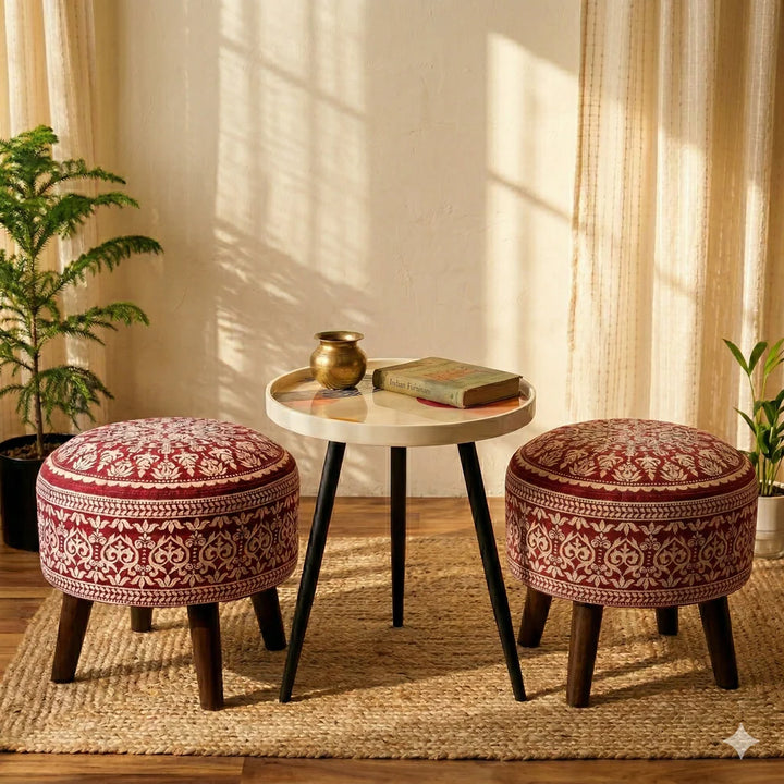 Baithak Corner Set — two mandala tuffets with resin-top side table