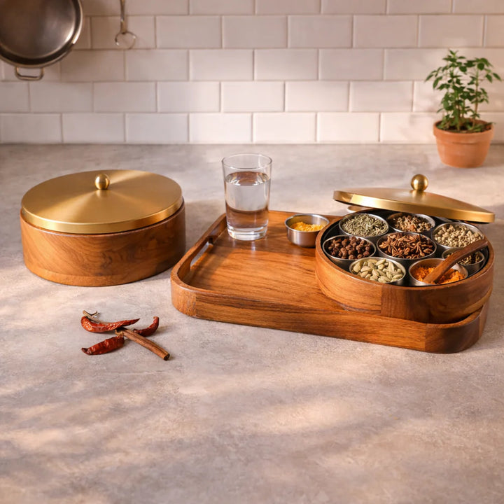 Rasoi Brass Set — brass-lid masala box, chapati box and serving tray