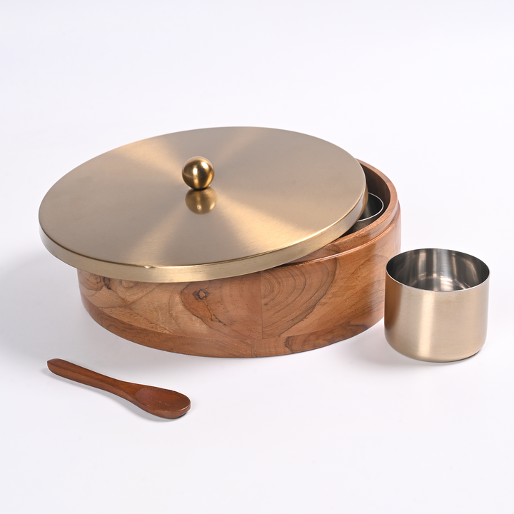 Greetwood Brass Lid Wooden Masala Box for Kitchen